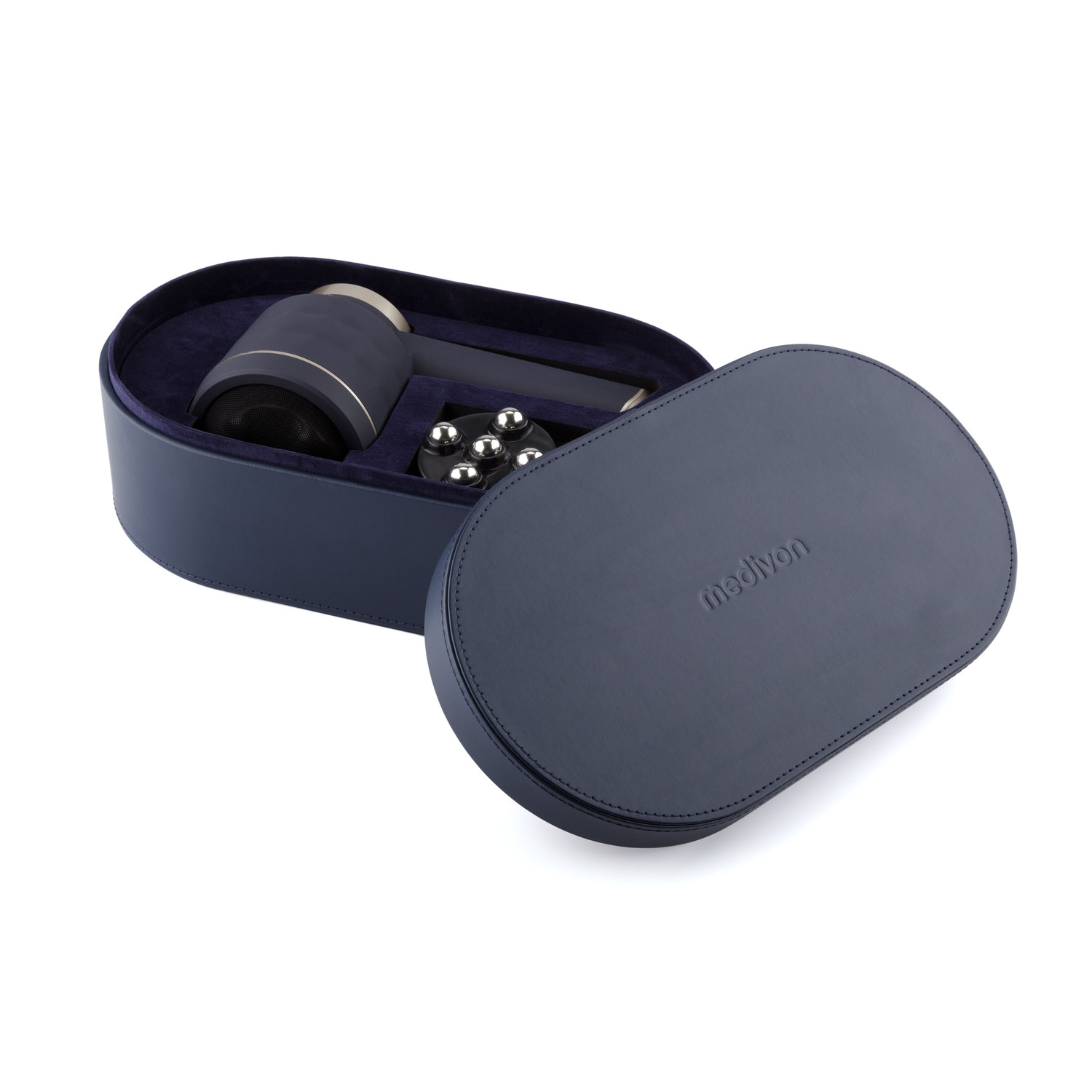 Open navy blue massage gun case with gun and heads inside.
