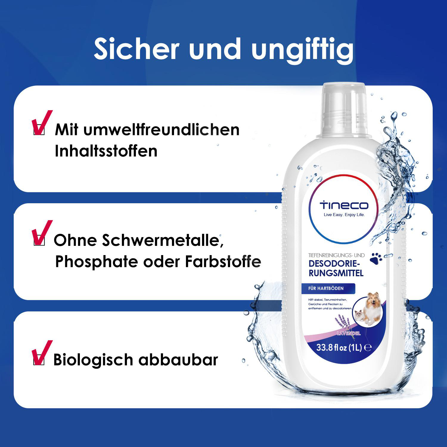 Flasche Reinigungsmittel mit Text und Häkchen. Weißer Hintergrund, blau-weiße Flasche mit roten Akzenten.