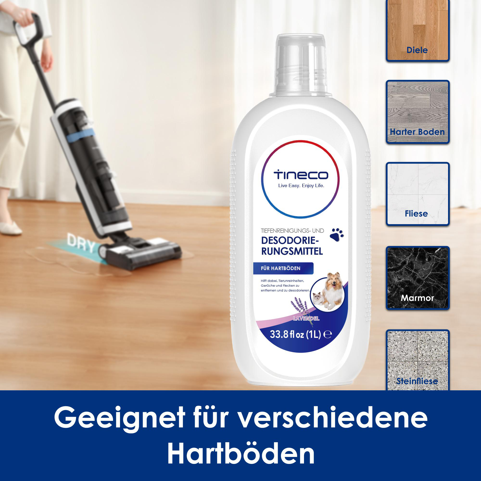Mann saugt Boden. Tineco Bodenreiniger Flasche mit Bodenarten.