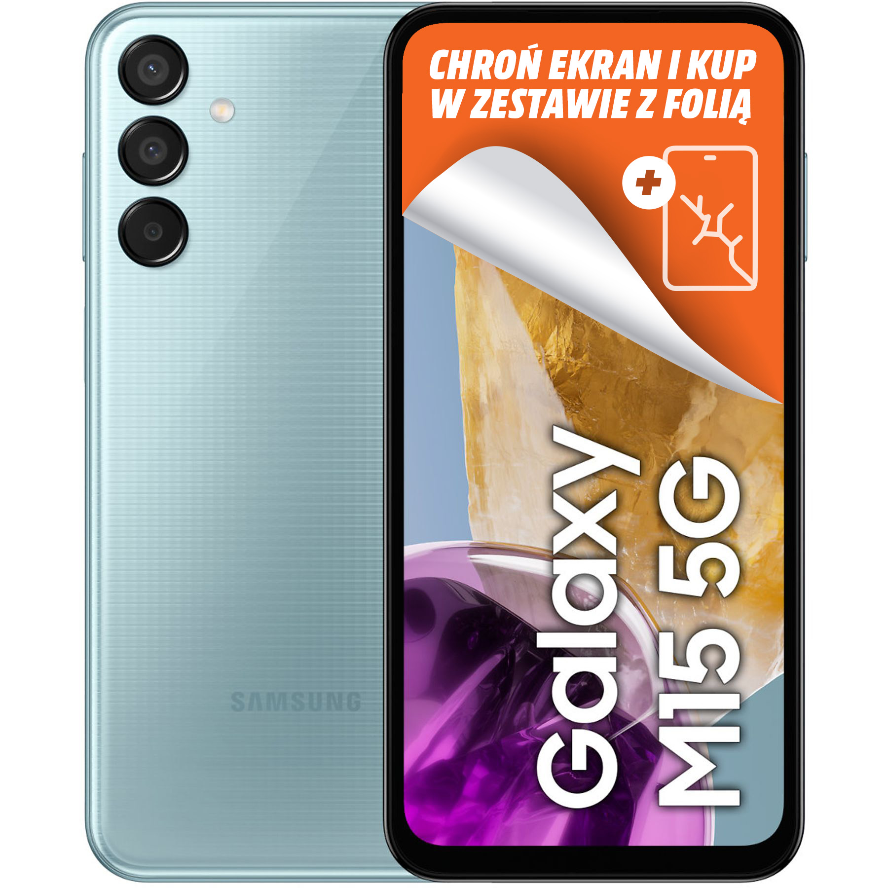 Miętowy telefon Samsung Galaxy M15 5G z ofertą na ochronę ekranu.