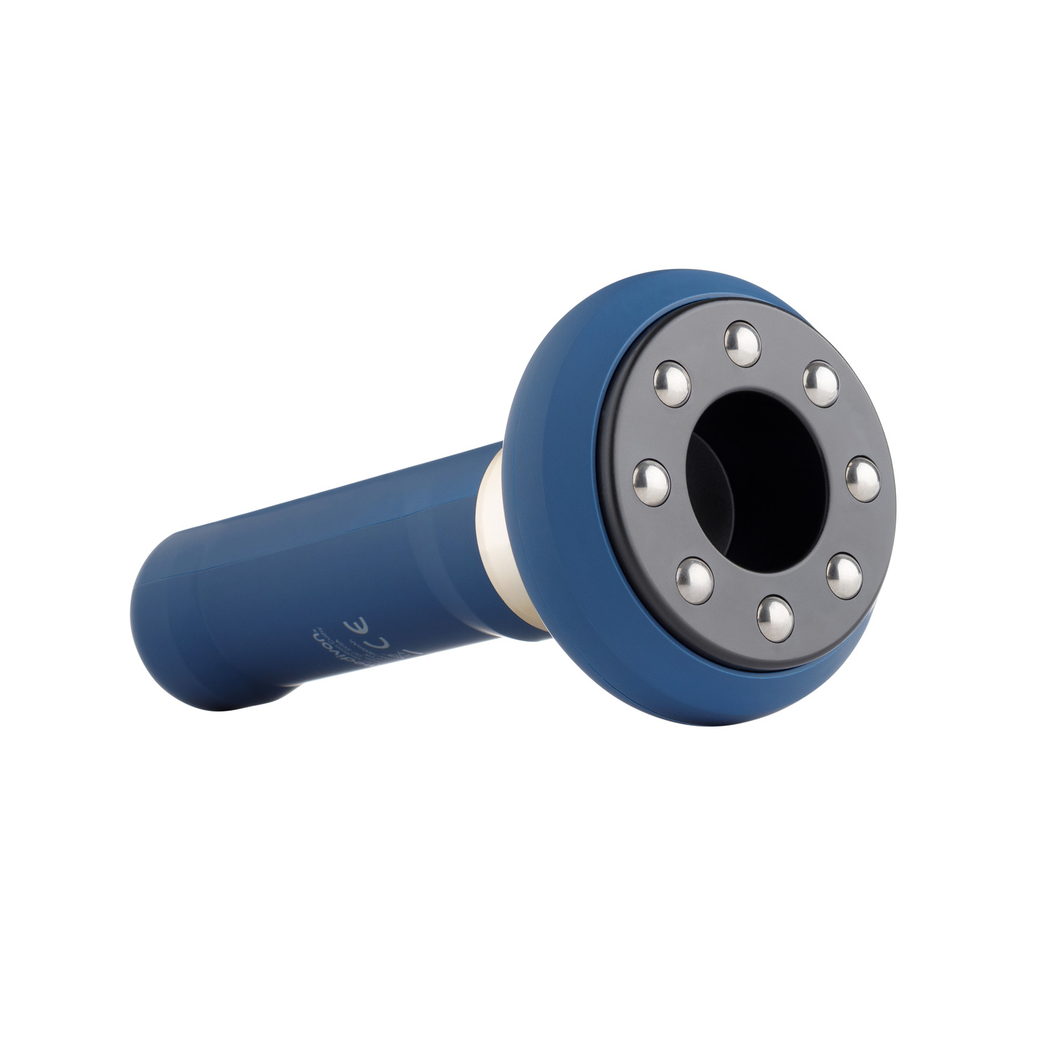 Blue and gray massage tool with several silver nodes on the massage head.