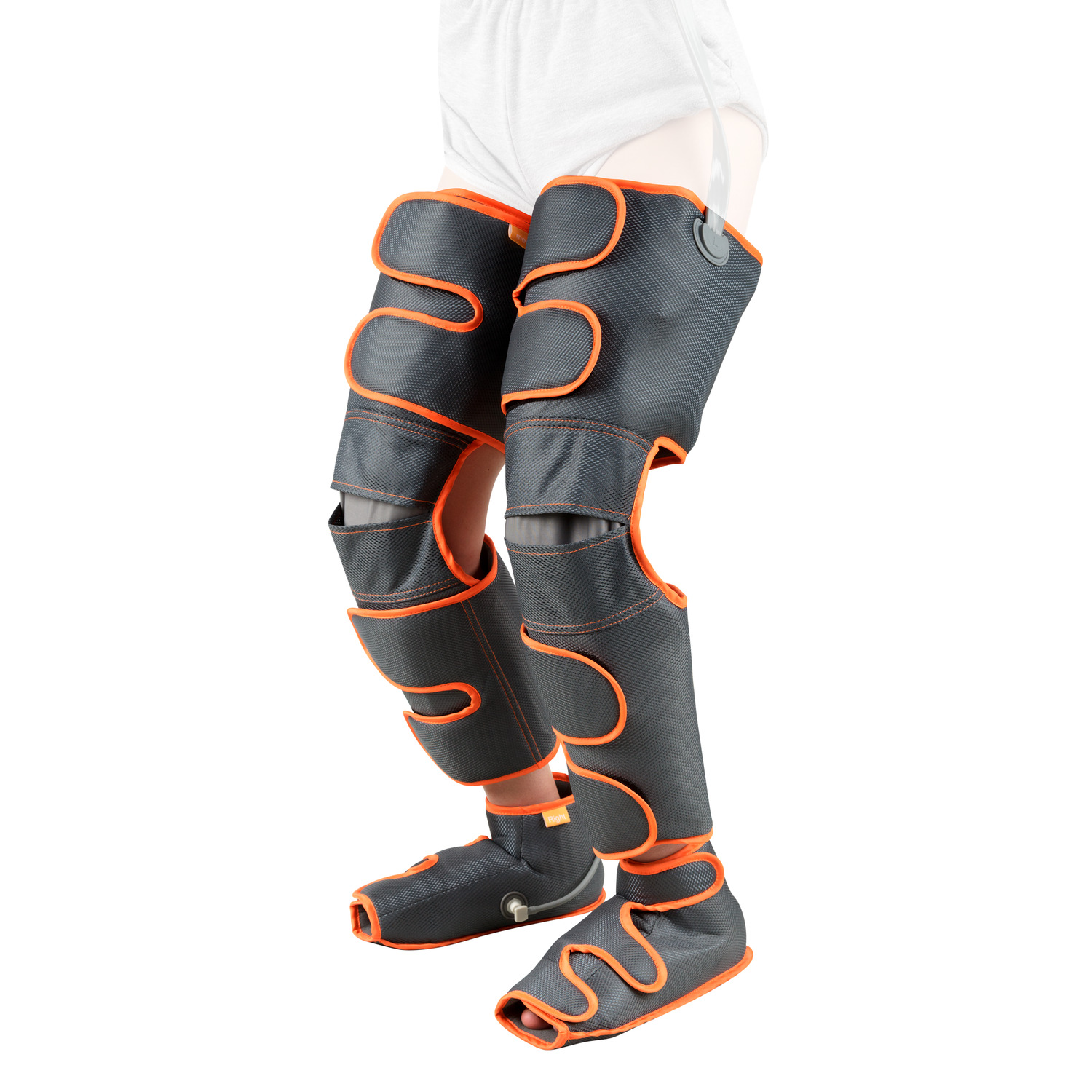 Leg compression therapy device. Gray and orange color scheme. White background. Isolated.