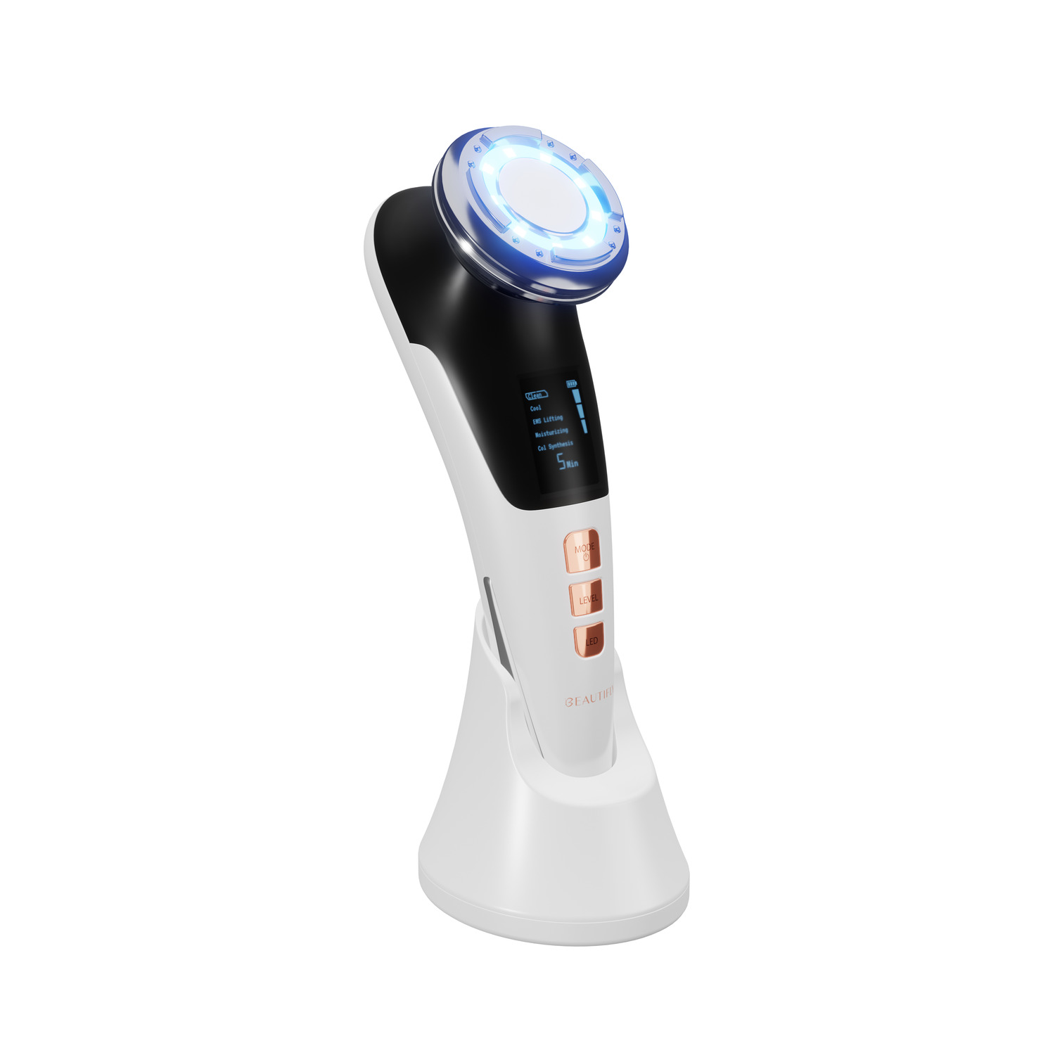 White and black facial device. Blue light on top. White stand. Isolated on white background.