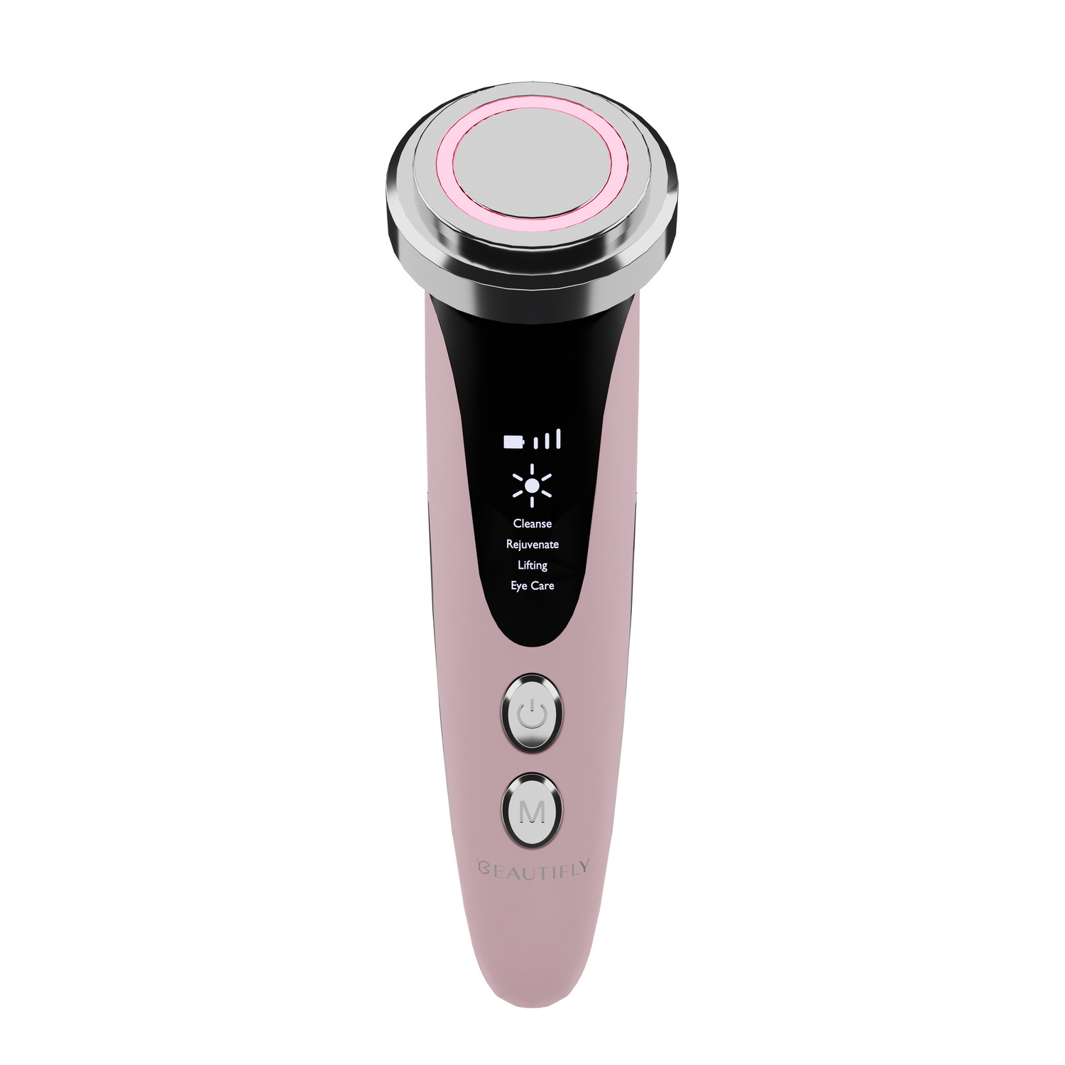 A pink facial device with a touch screen and buttons.