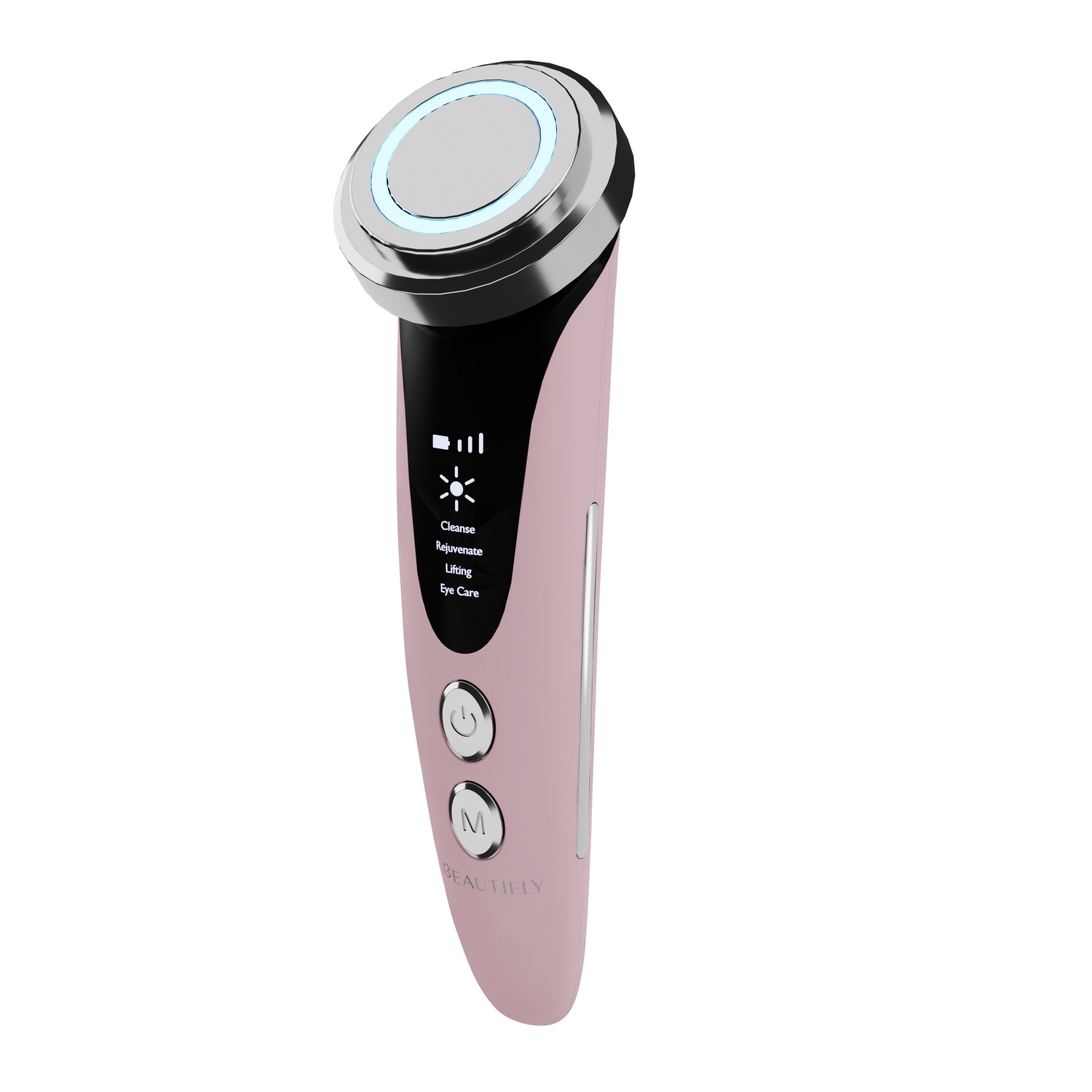 A pink beauty device with a screen and buttons. It has a silver top with a blue light.