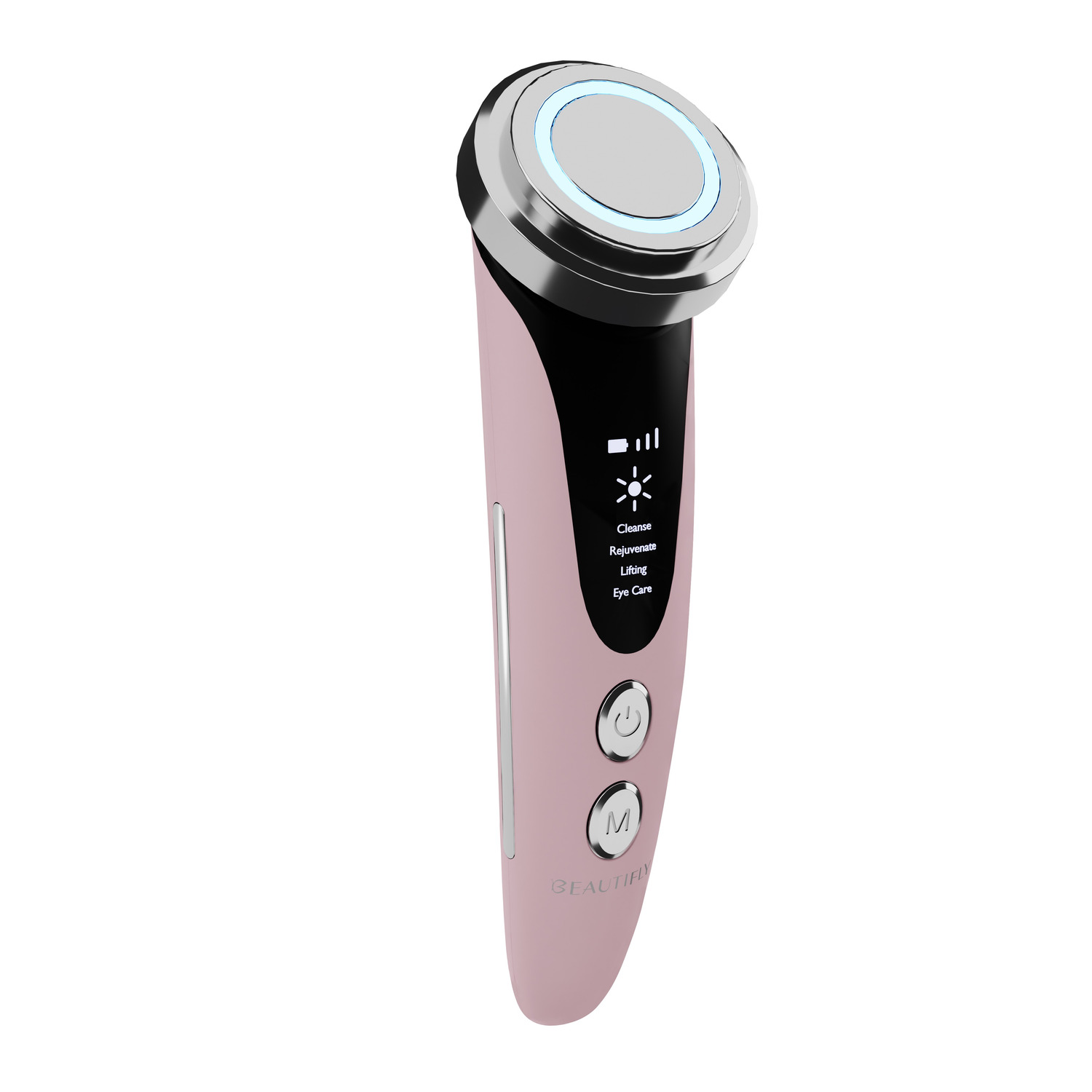 Pink facial beauty device with a silver head and buttons.