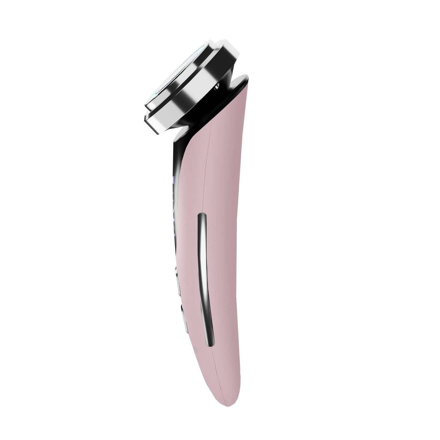 A pink skincare device with a silver head, viewed from the side, isolated on white.