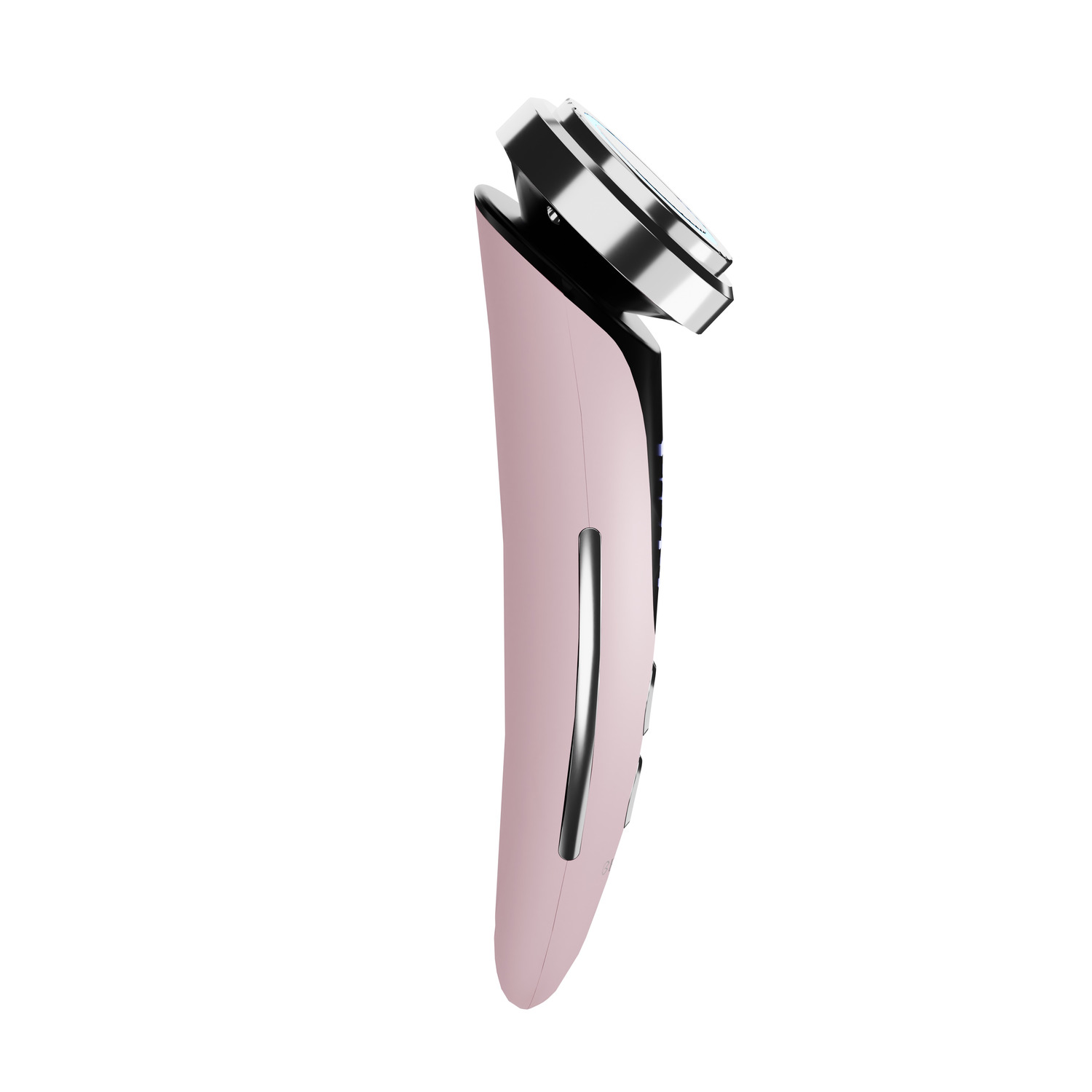 A pink skincare device with a silver head, viewed from the side, isolated on white.