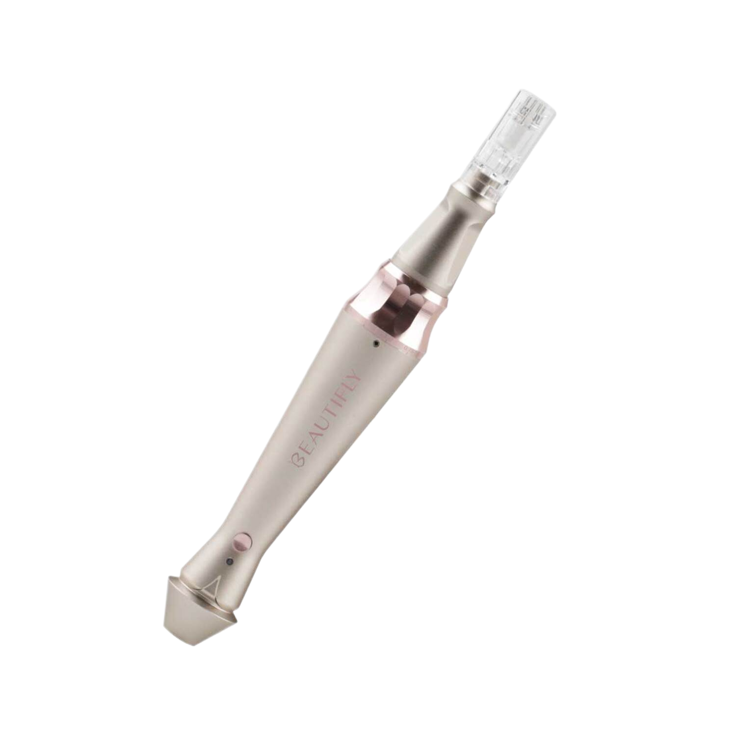 Een huidverzorgingstool, een zilveren pen met roze accenten, voor schoonheidsbehandelingen.
