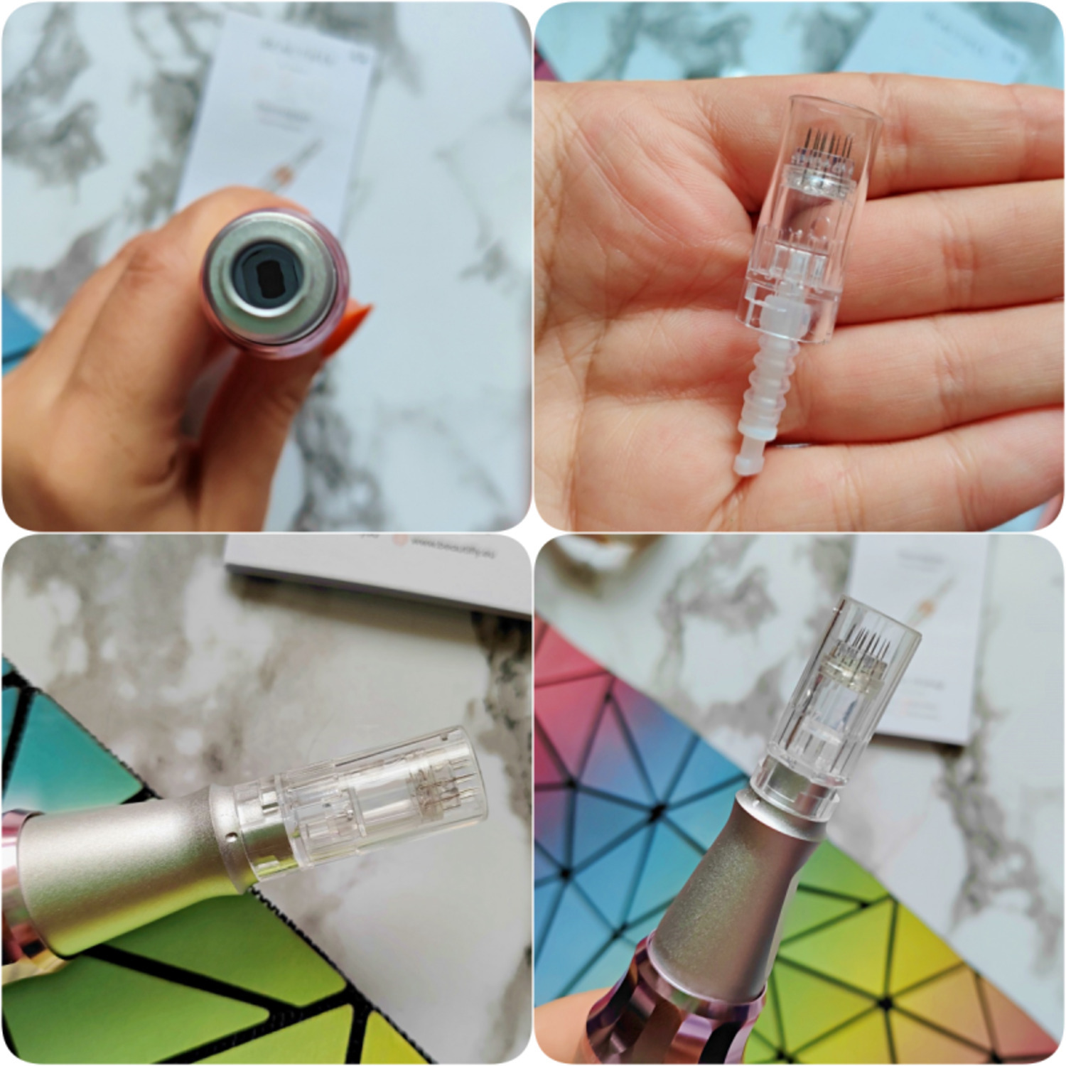 Vier afbeeldingen met close-ups van een Dermapen, met de nadruk op de kop en naalden, vastgehouden door een hand.