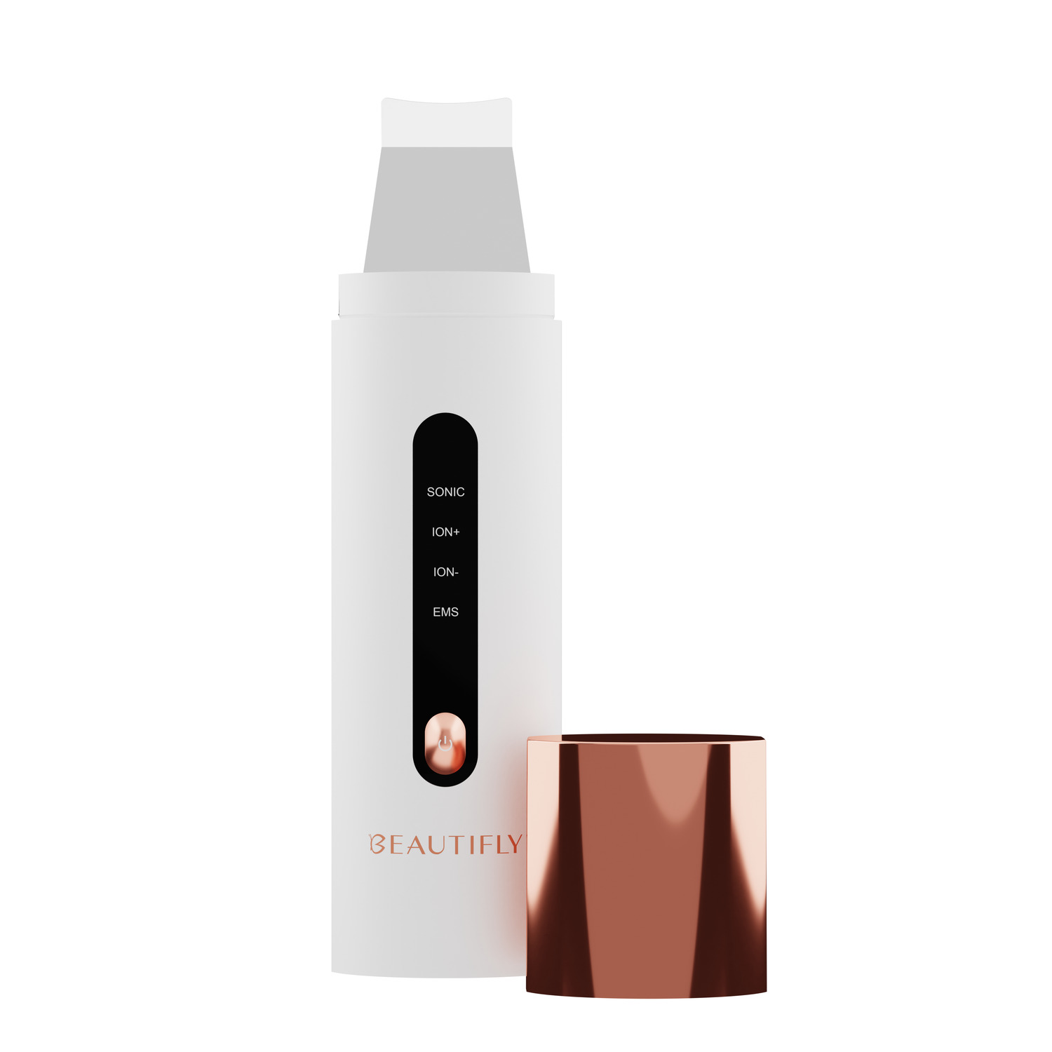 Appareil Beautify blanc avec panneau noir, capuchon en cuivre et indicateurs de fonction, isolé sur blanc.