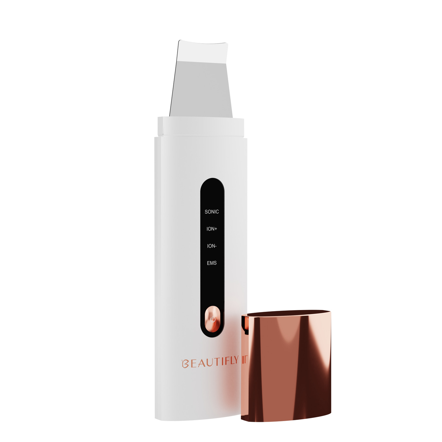 Appareil Beautify avec corps blanc, panneau noir, capuchon en cuivre et indicateurs de fonction, isolé sur blanc.