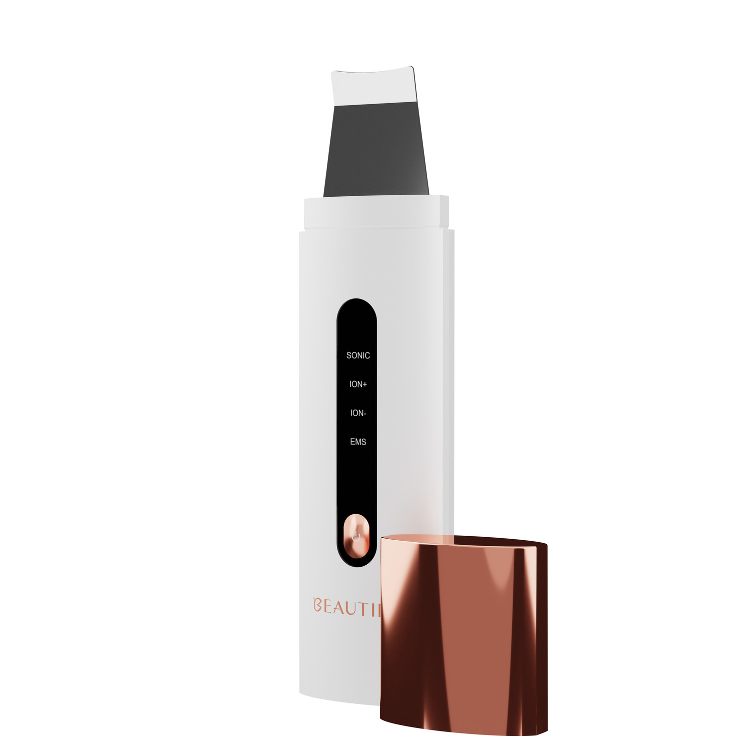Nettoyeur facial blanc avec un capuchon couleur cuivre. L'appareil possède plusieurs boutons.