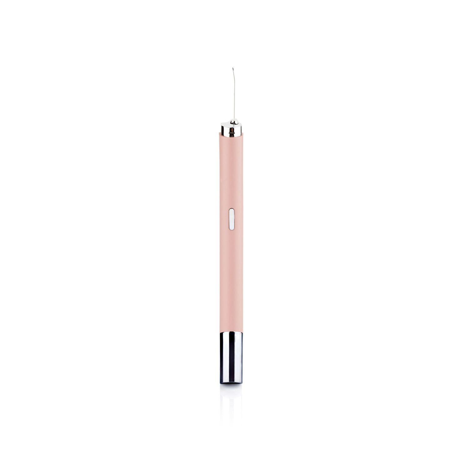 Pink and silver beauty tool with a thin needle, isolated on white, indicating a skincare device.