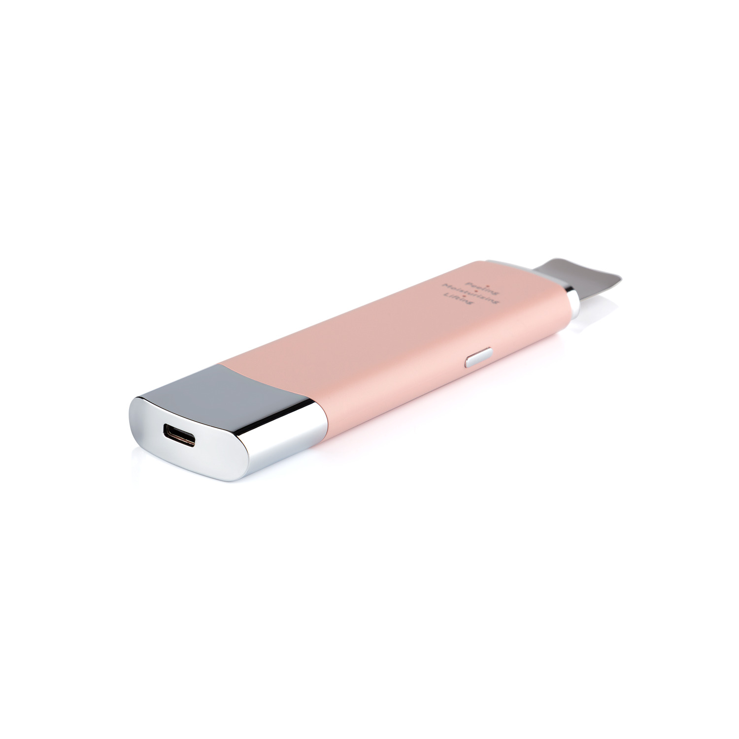 Pink beauty device with a silver end and a USB port, isolated on white, for skincare treatments.