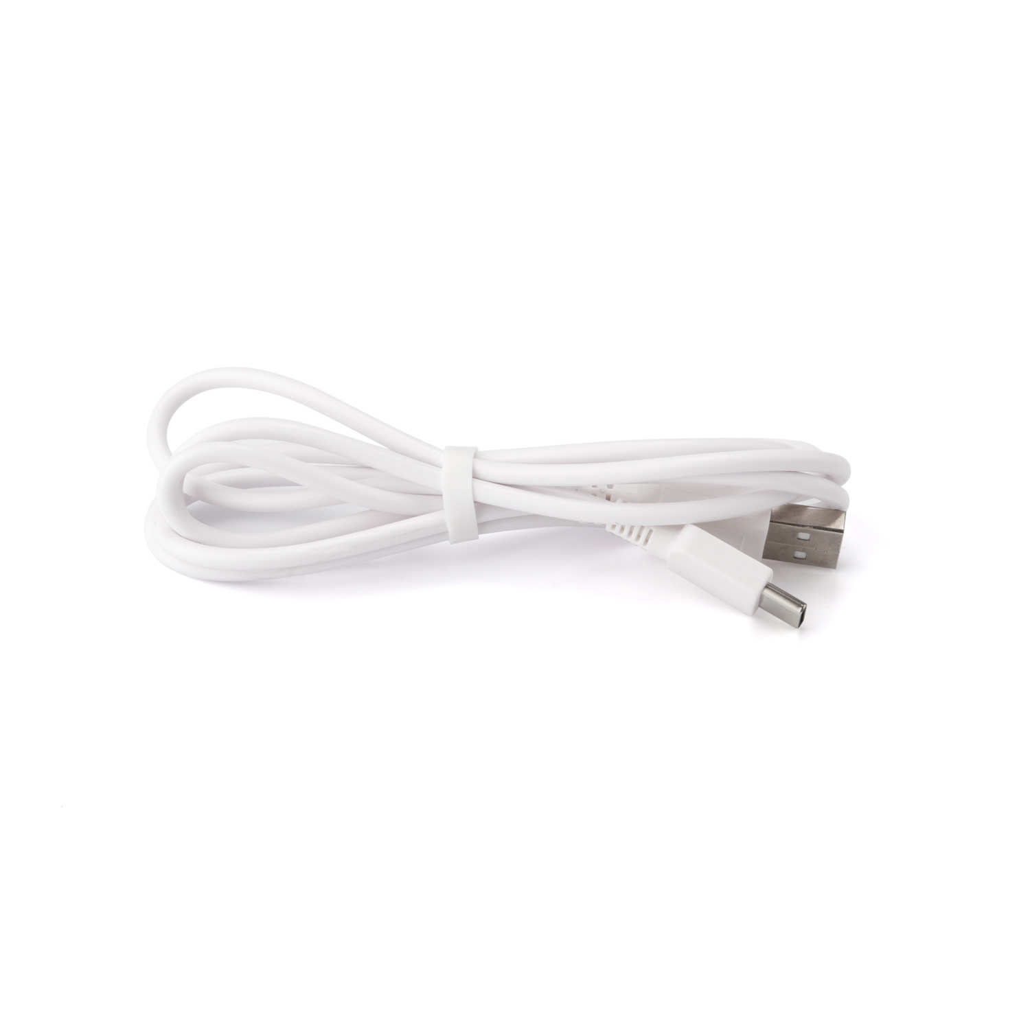 White USB cable coiled, with a USB-A and USB-C end, on a white surface, used for charging.