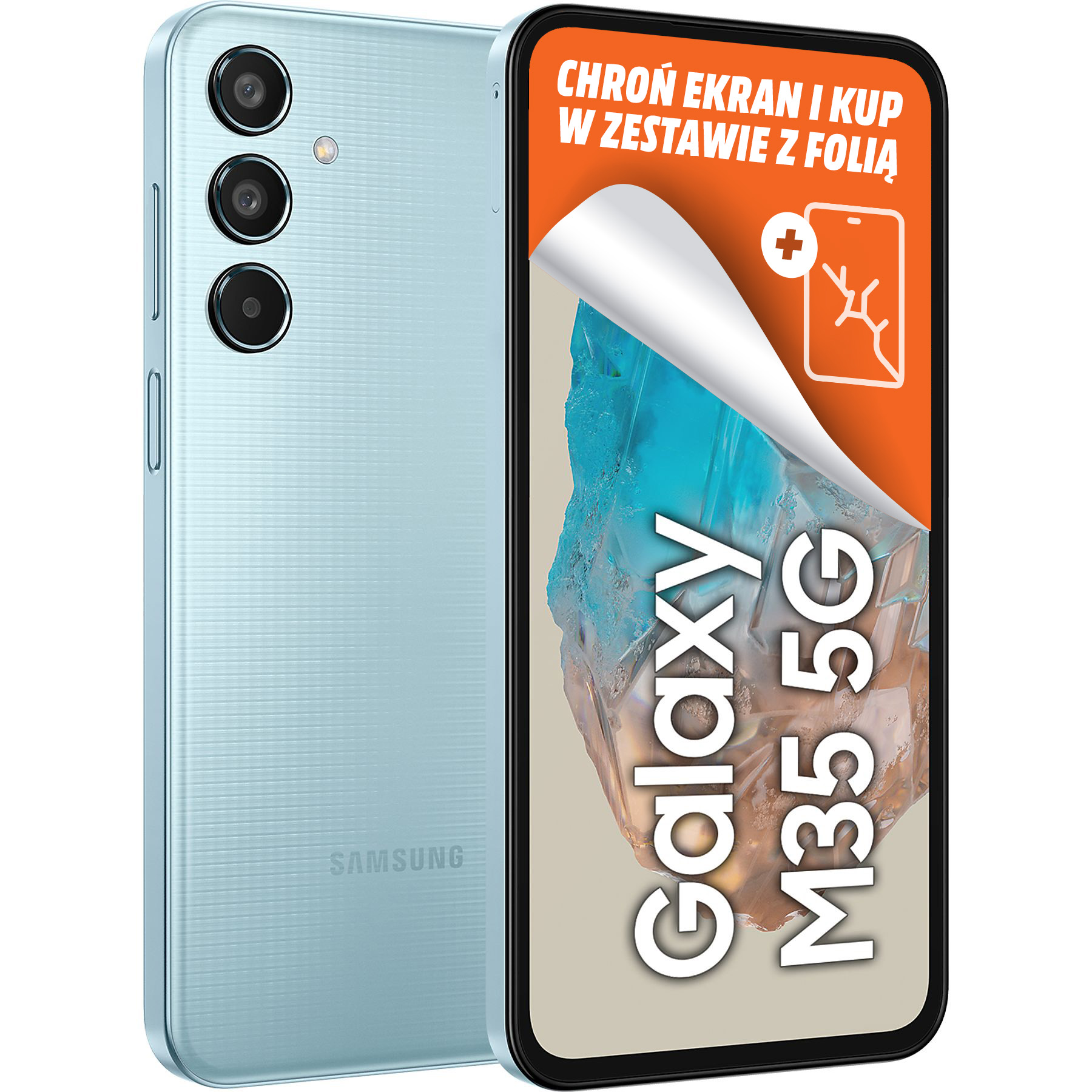 Jasnoniebieski telefon Galaxy M35 5G z osłoną ekranu. Białe tło.