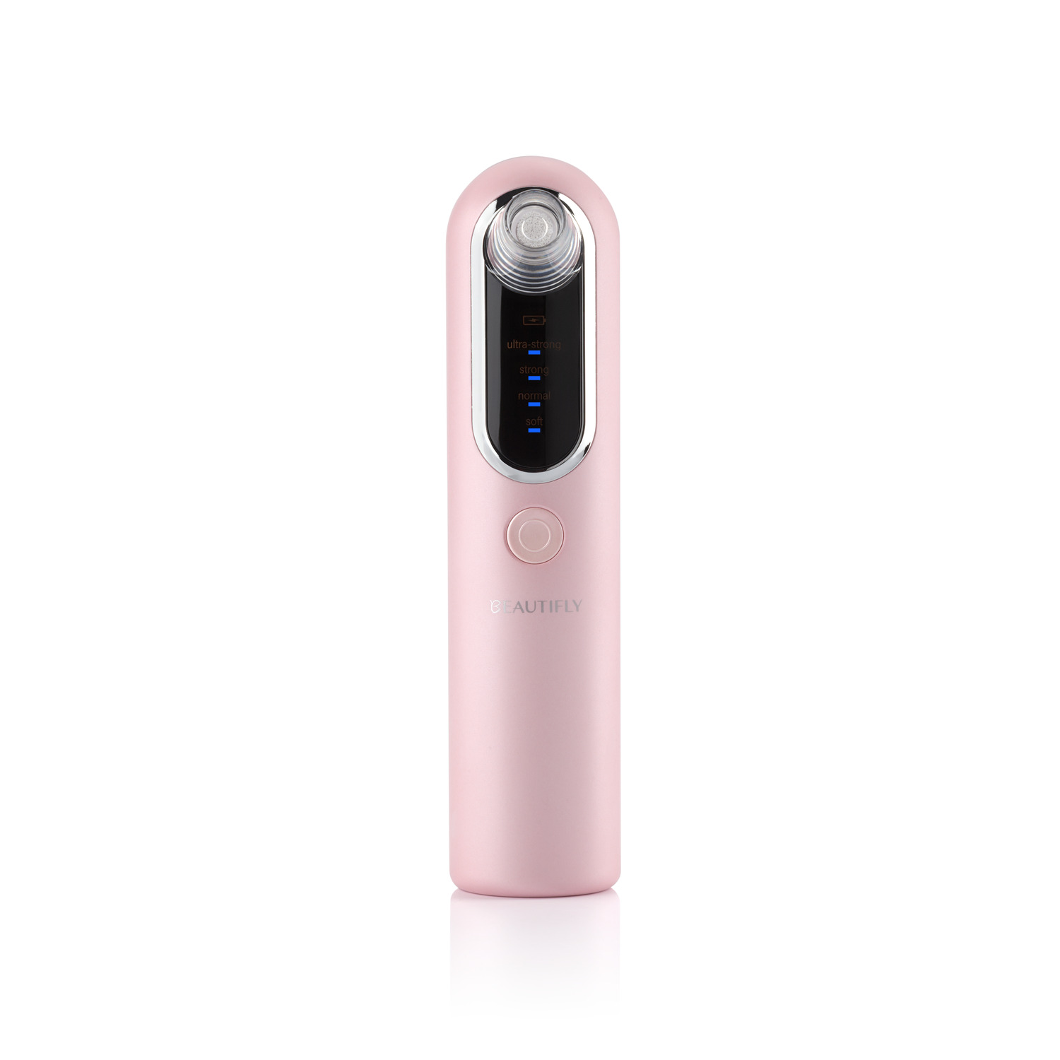 Pink facial pore cleaner. It has a screen and a button. White background.
