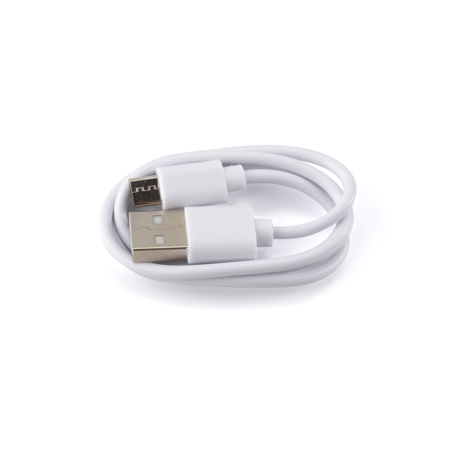 White USB to micro USB cable coiled on a white background.