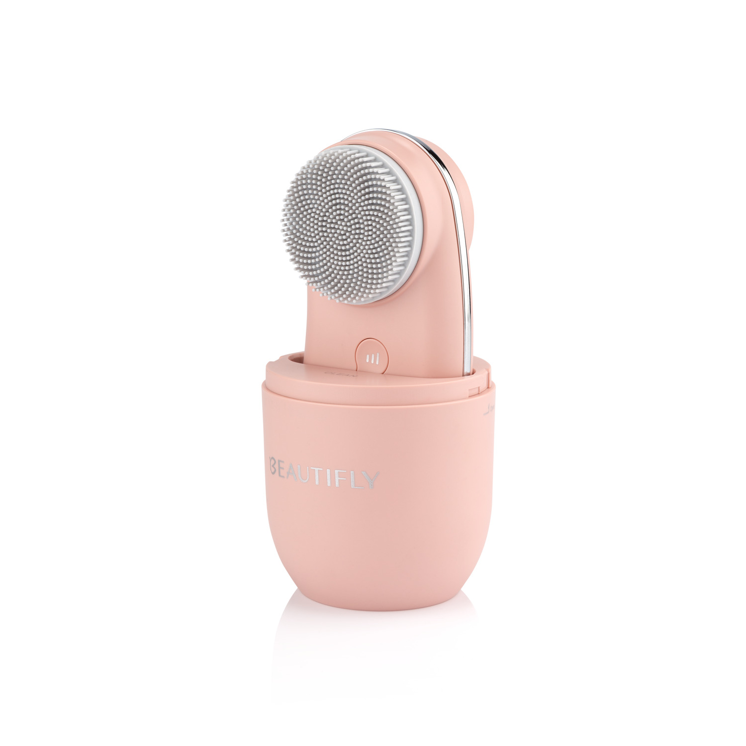 A pink and white BEAUTIFLY face brush, isolated on white background.