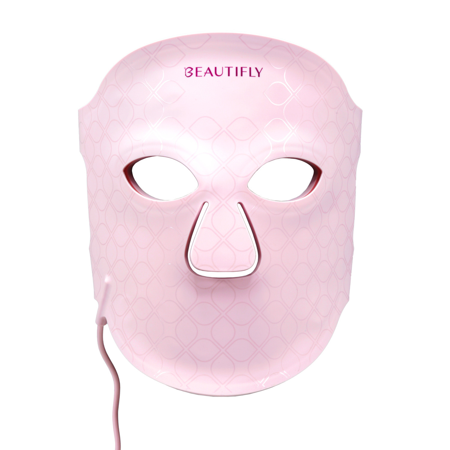 Pink face mask with eye and nose cutouts, white background. 