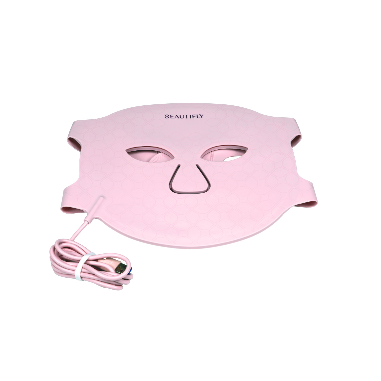 Pink face mask with eye and nose cutouts with a cable. 
