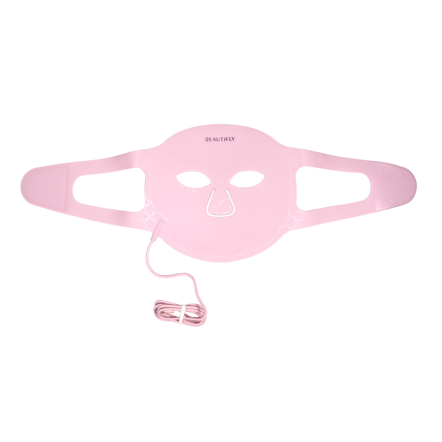 Pink Beautifly face mask with holes for eyes, nose, and a cable.