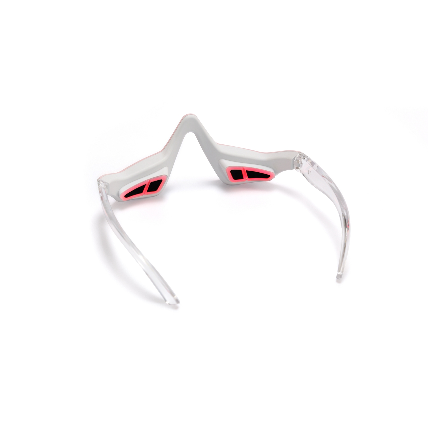 Gray and pink glasses frame, with pink sections, on a white background.
