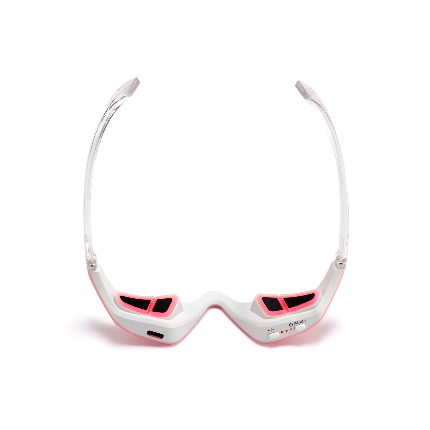 Eye massager glasses with pink panels and transparent temples on white.