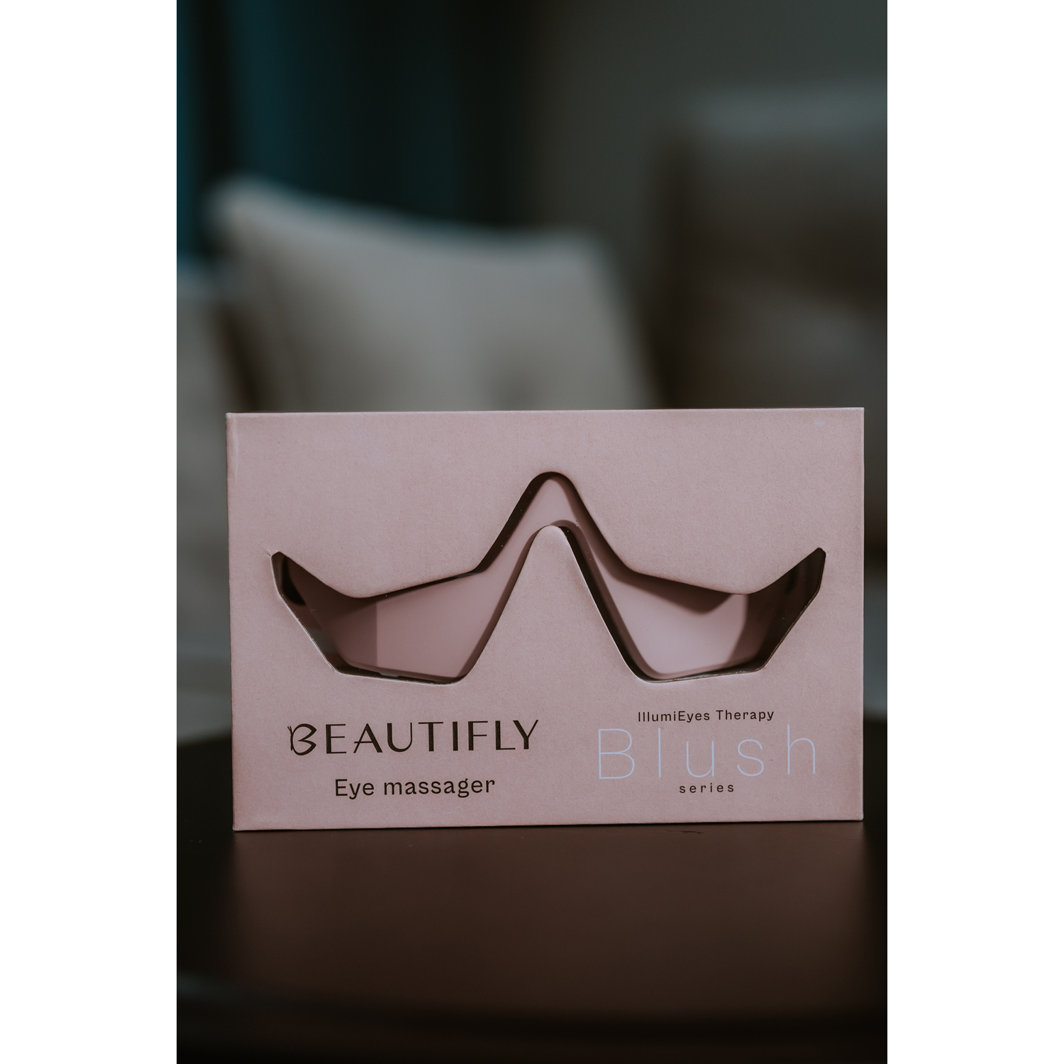 Eye massager box. Pink glasses outline. 'Beautify' and 'Blush' text.