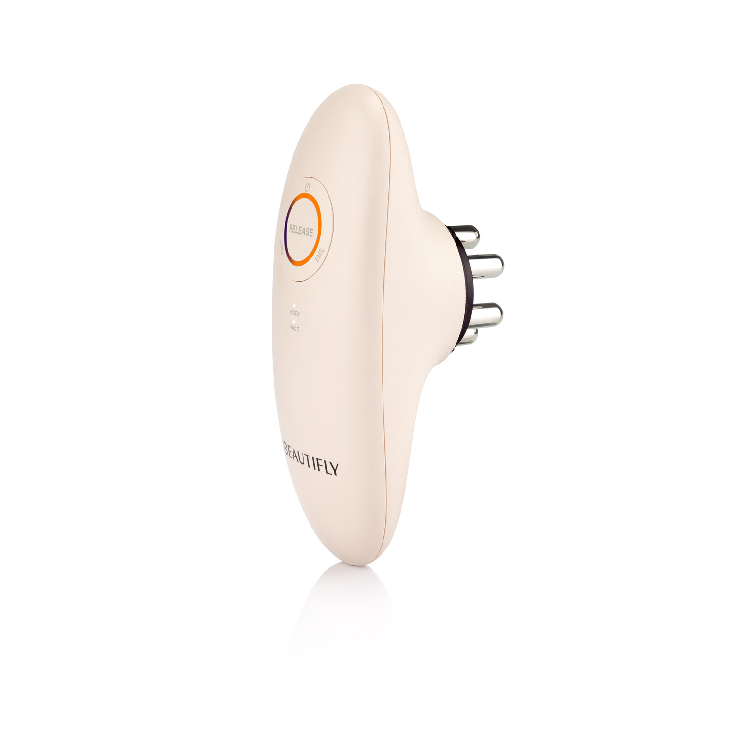 Witte gezichtsmassager, zijaanzicht, met stekkerpinnen en 'release'-knop.