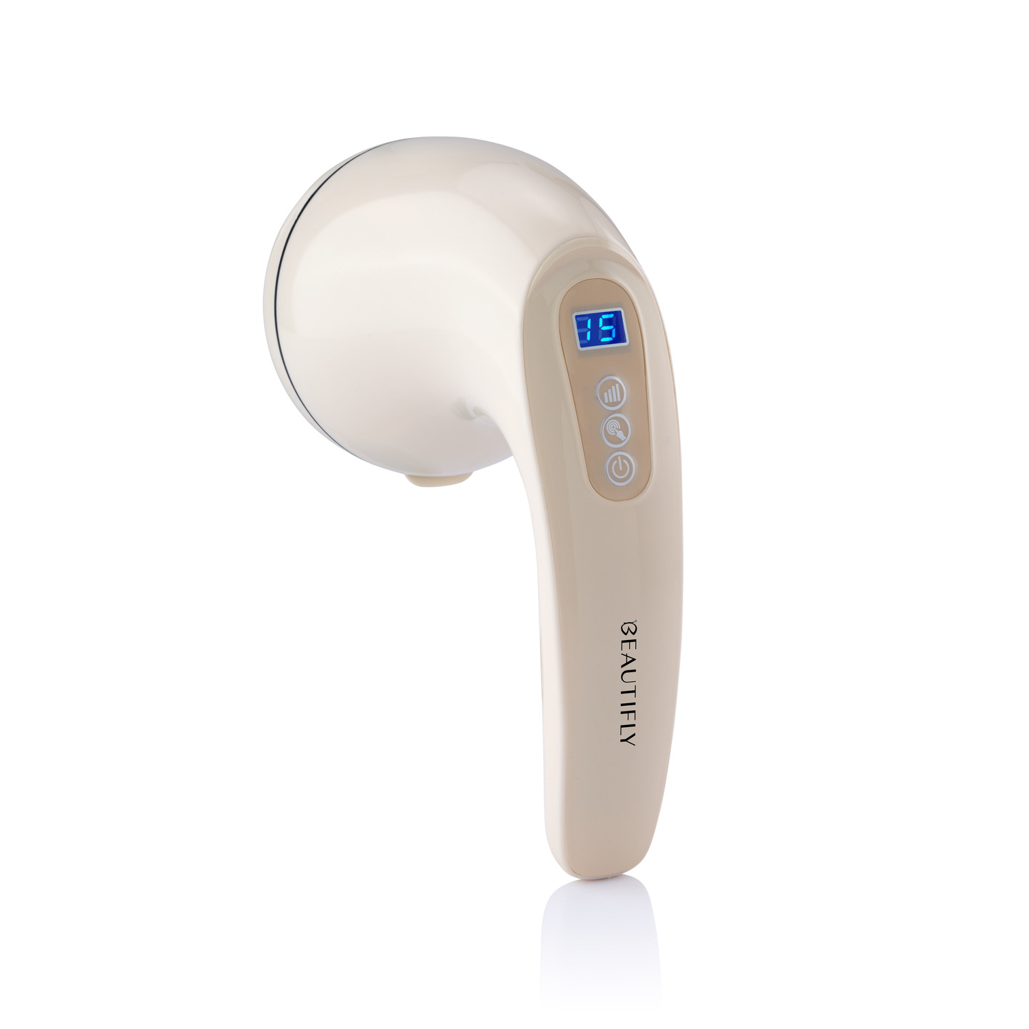A beige massage device with a handle and display. The device is on a white background.