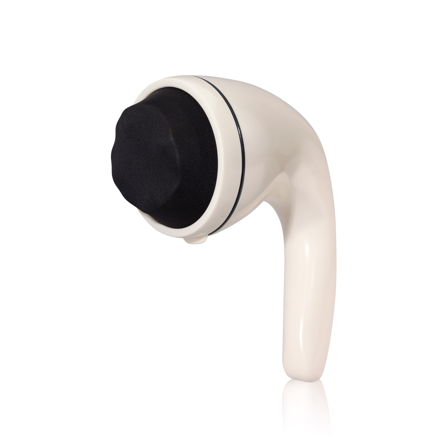 A white handheld device with a black, rounded top, on a white background. It has a curved handle.