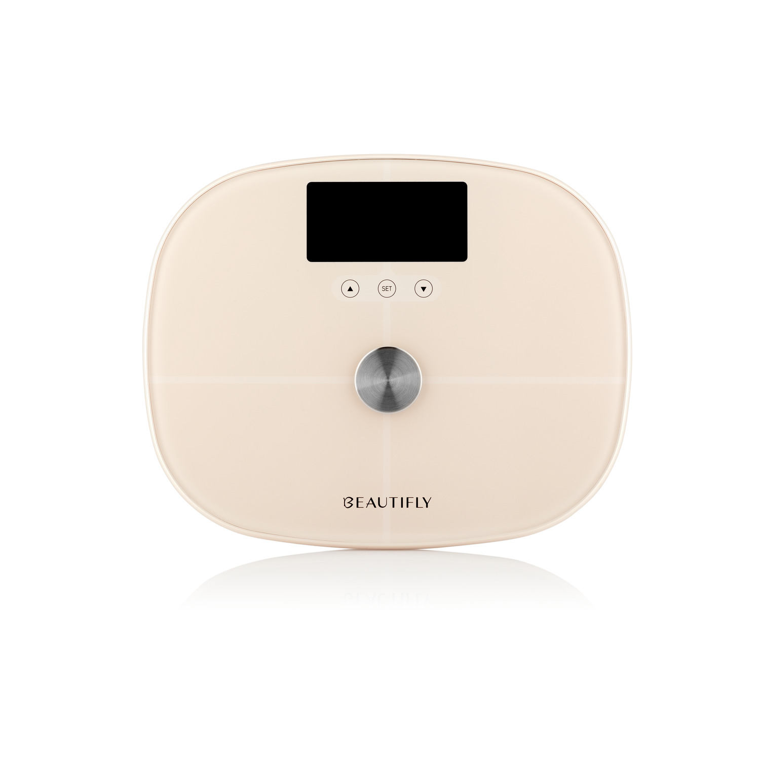 Een beige digitale weegschaal met een beeldscherm en een knop op een witte achtergrond.