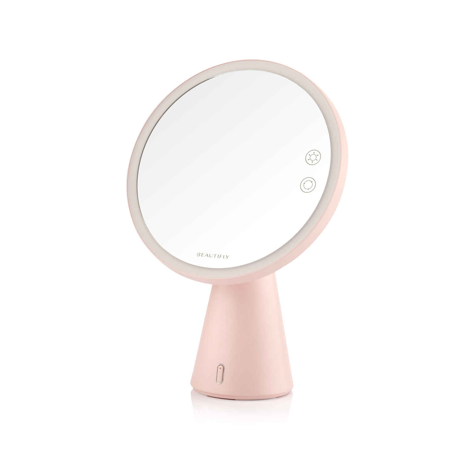 A pink, round-shaped mirror with a stand. It has a light around it.