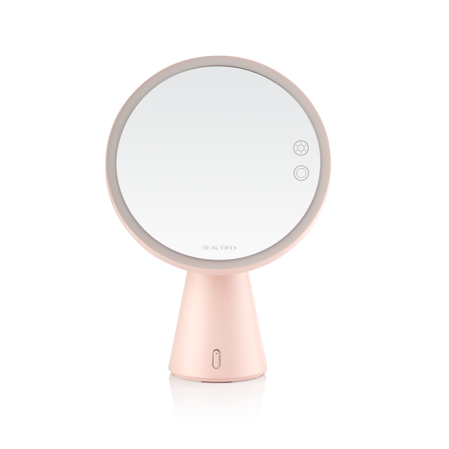 Pink, round-shaped illuminated makeup mirror on a white background.