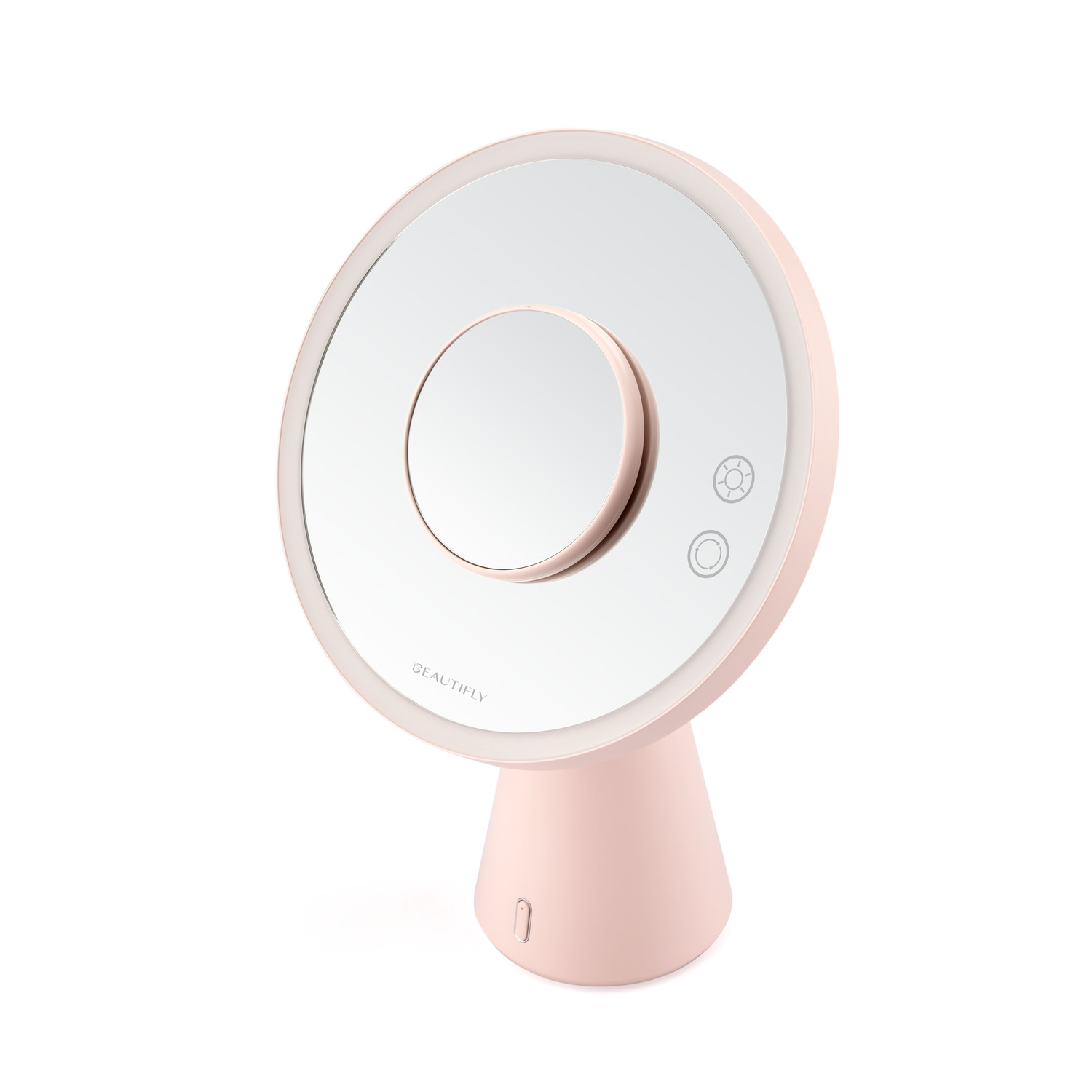 A pink makeup mirror with a circular light. The base is pink.