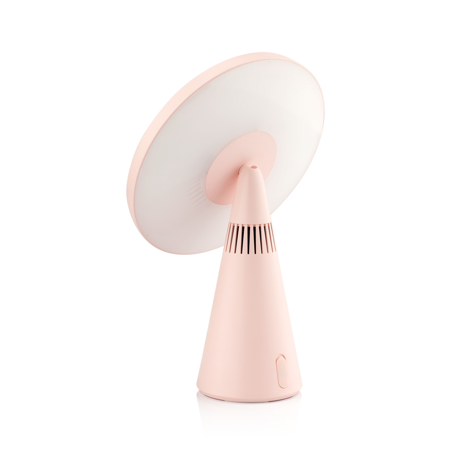 A pink desk lamp with a round light, cone base, and a button. White background.