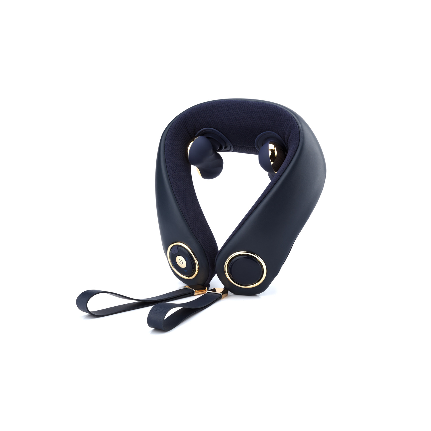 A dark blue neck massager with gold accents on a white background.