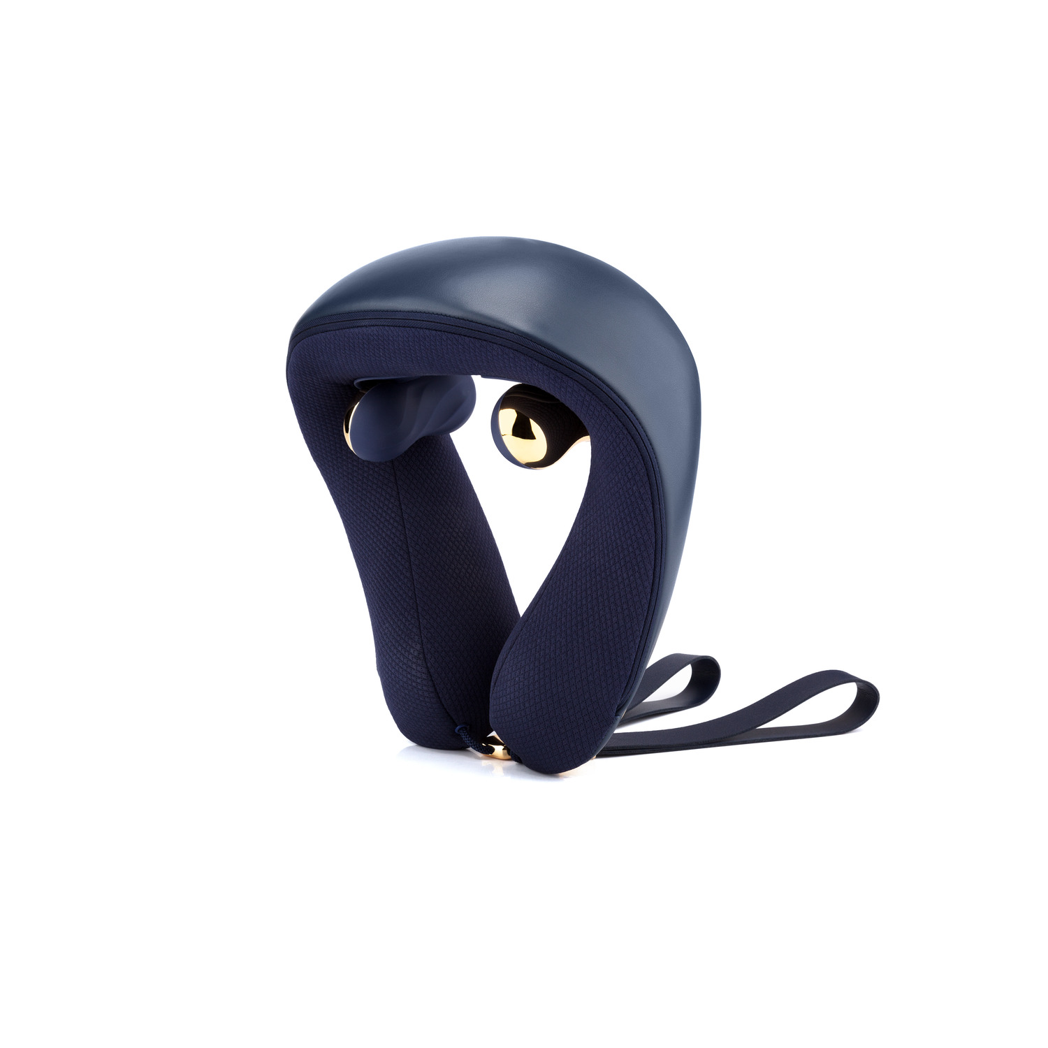 A blue neck massager. It has gold accents and a dark blue band.