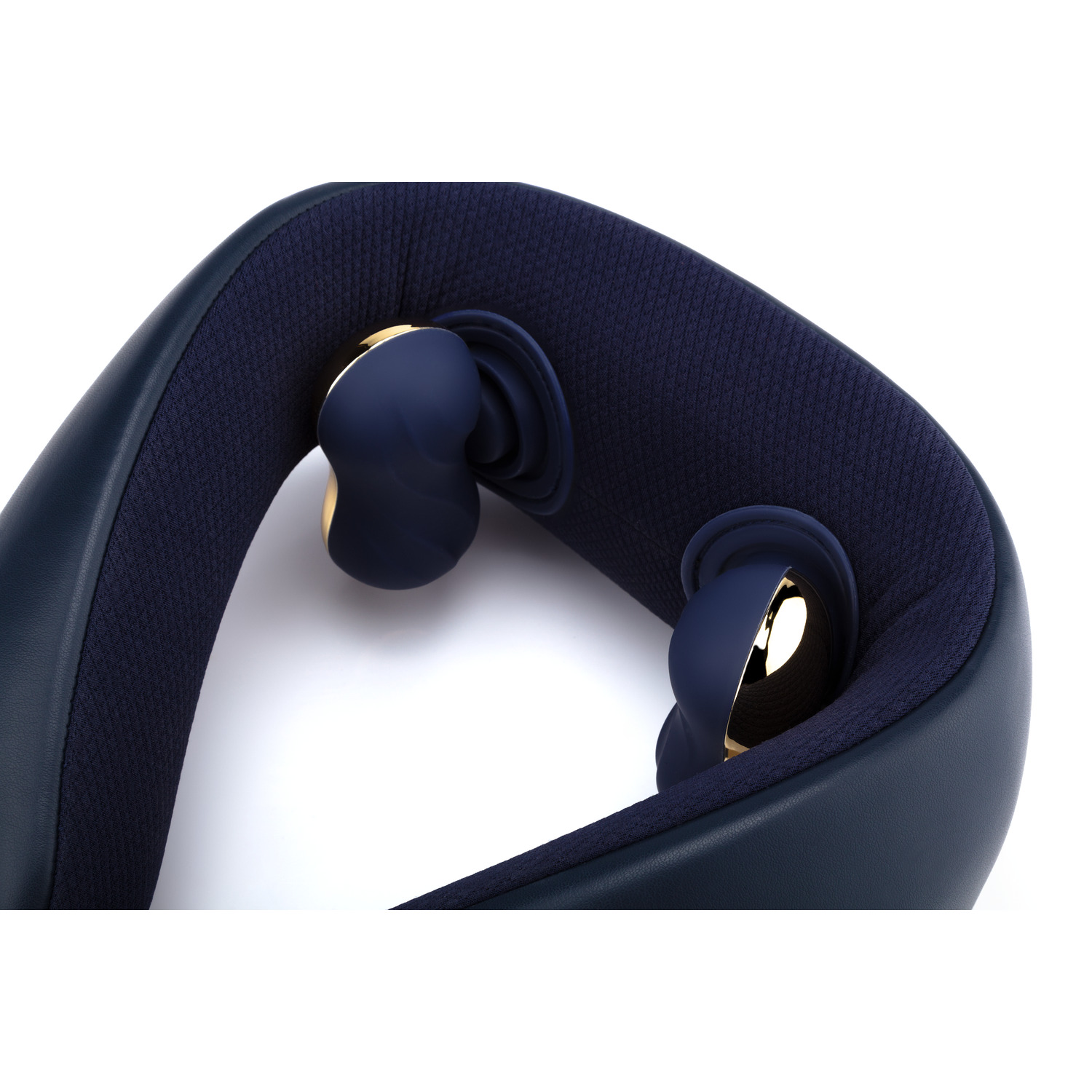 Close-up of a blue neck massager. Gold-colored massage heads.