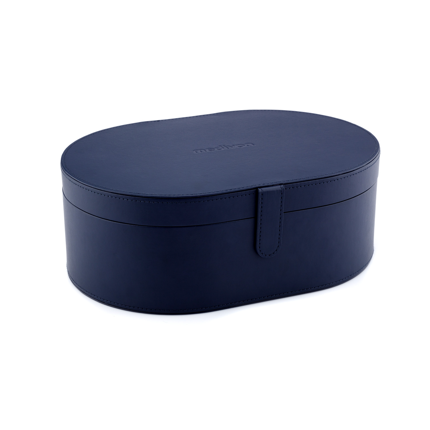 A dark blue oval box. The lid is closed.