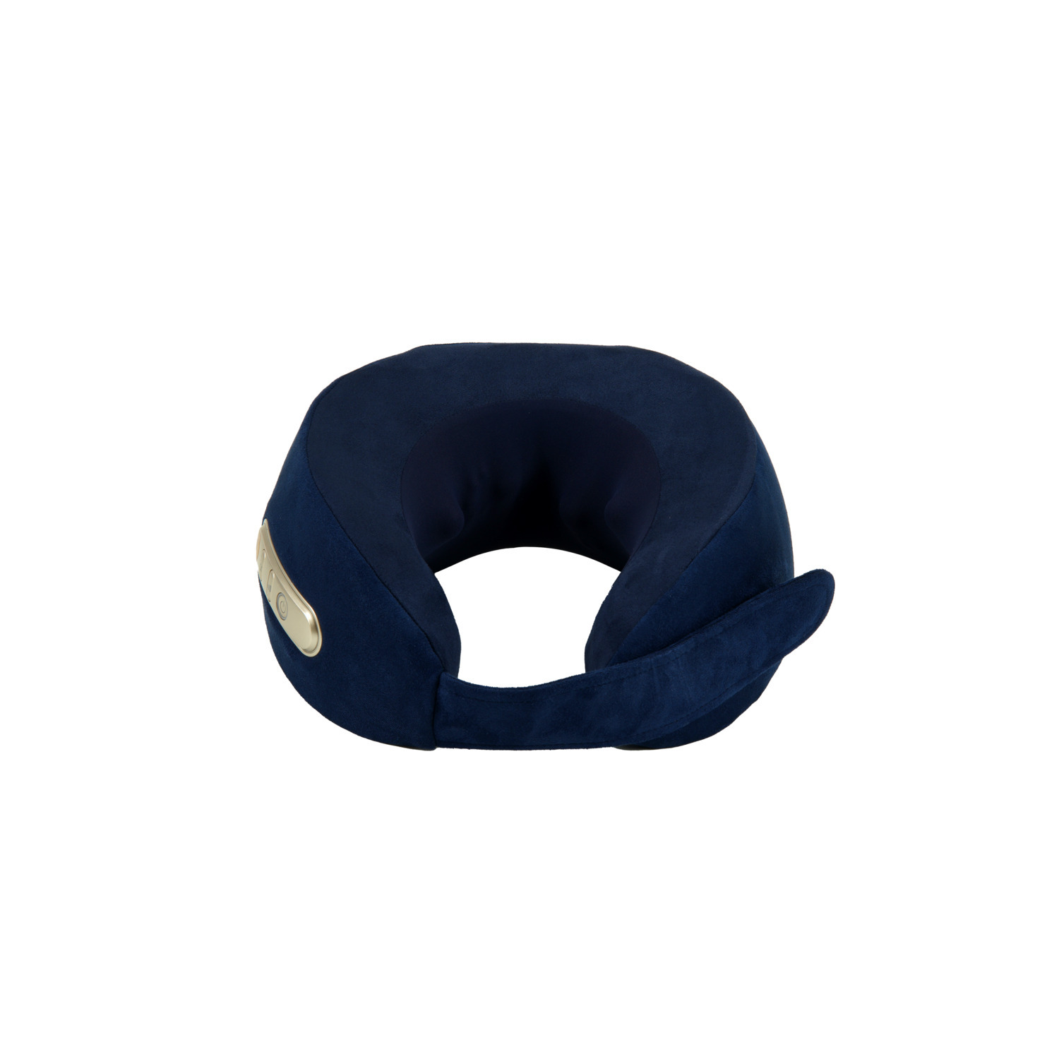 A blue neck pillow. It has an adjustable closure.