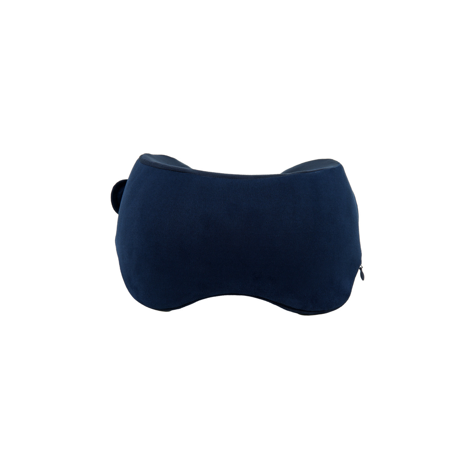 A navy blue neck pillow, shaped like a small saddle, on a white background.