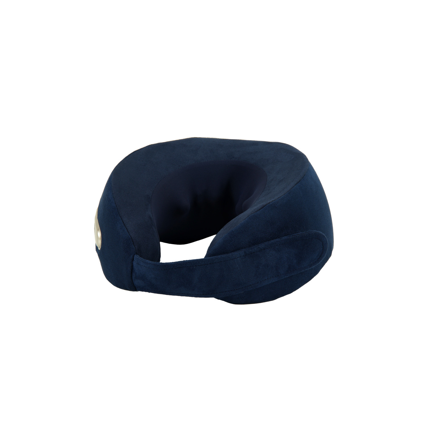 Dark blue neck pillow with a strap. Gold-colored button on the side.