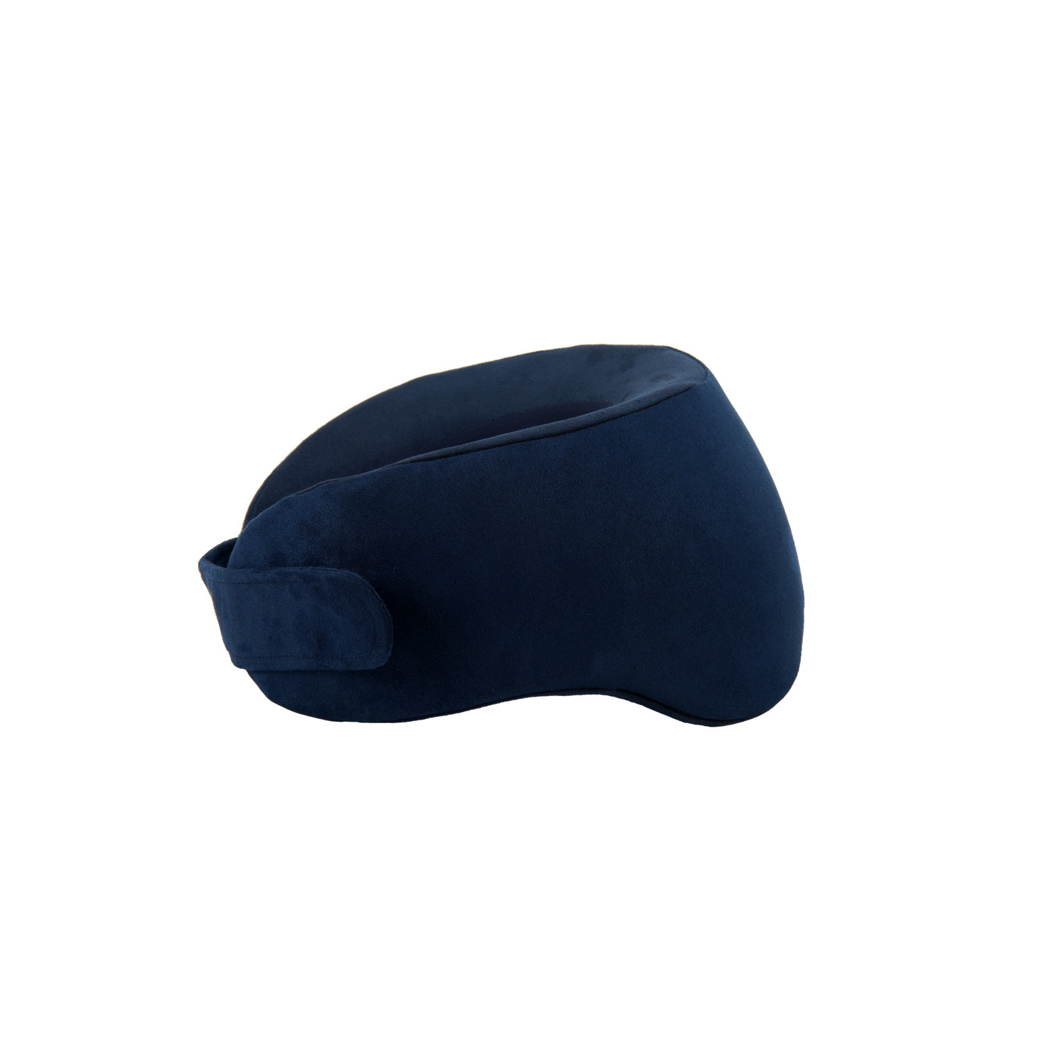 A dark blue neck pillow with a curved shape and a velcro strap.