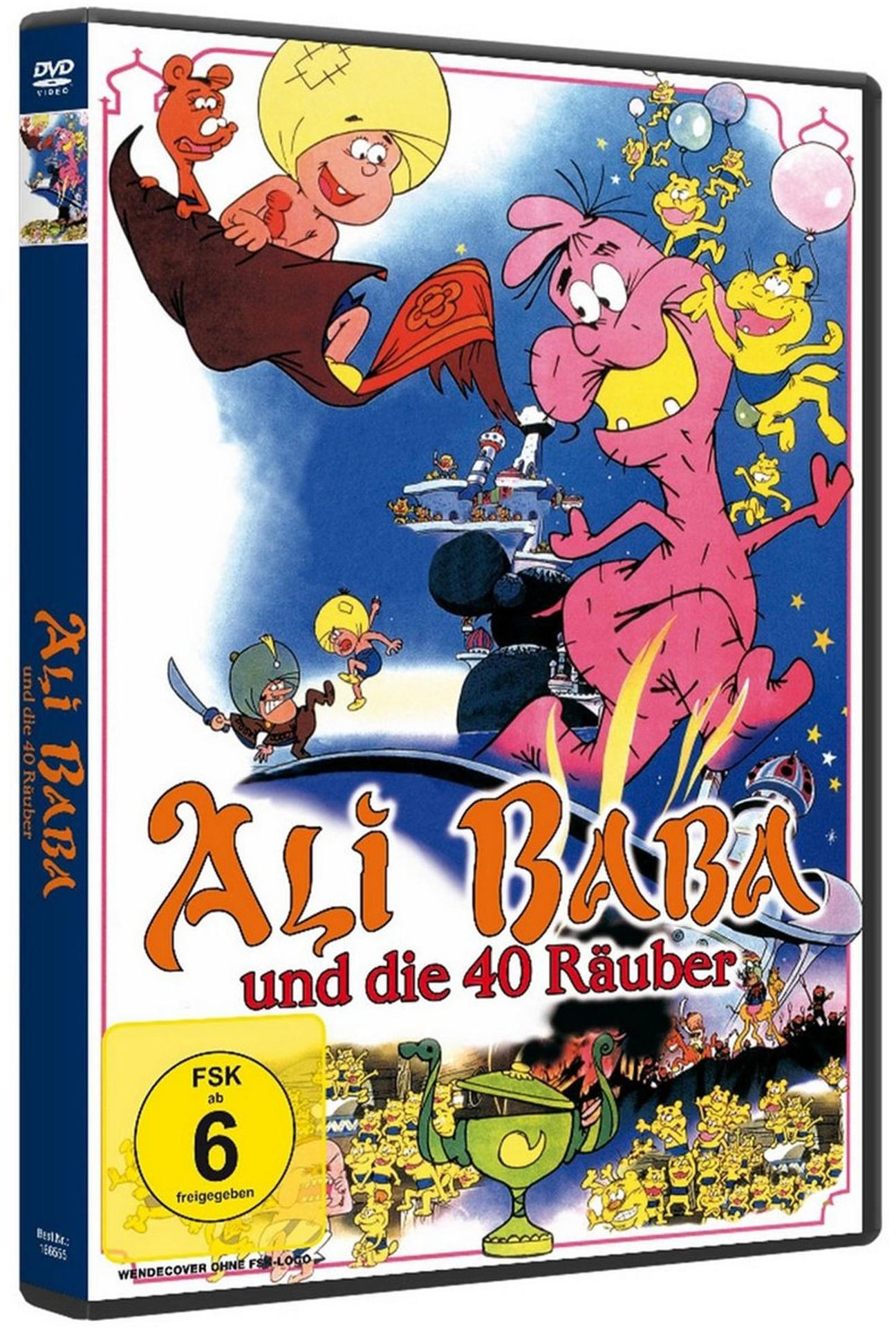 DVD-Hülle mit bunten Zeichentrickfiguren und deutschem Text: Ali Baba und die 40 Räuber.
