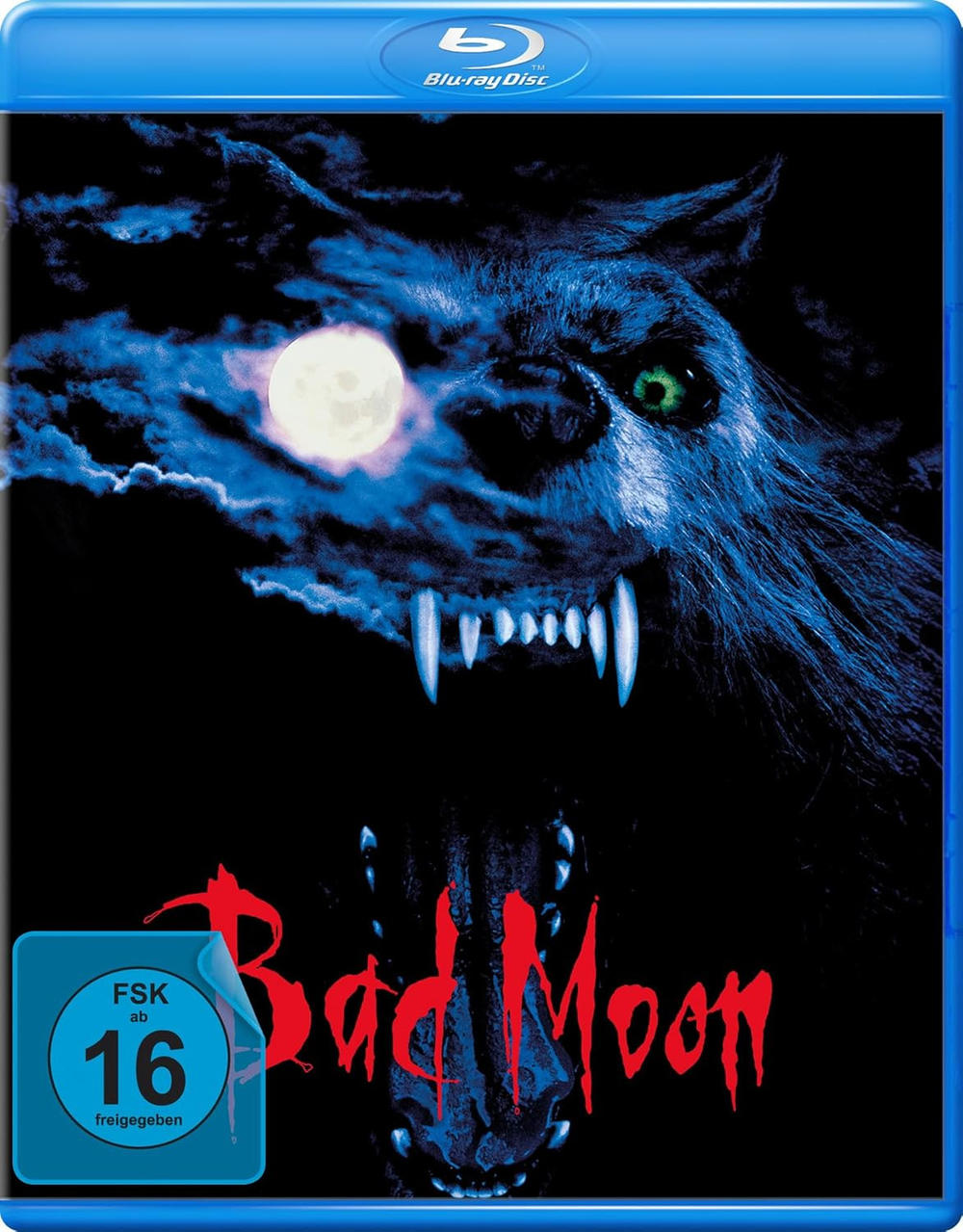 Blu-ray-Disc-Cover. Ein Werwolf mit Vollmond und dem Titel 'Bad Moon'.