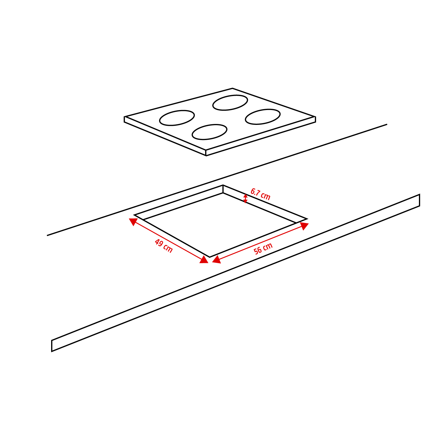 Diagram met afmetingen van een uitsparing voor een kookplaat en een aparte brandereenheid.
