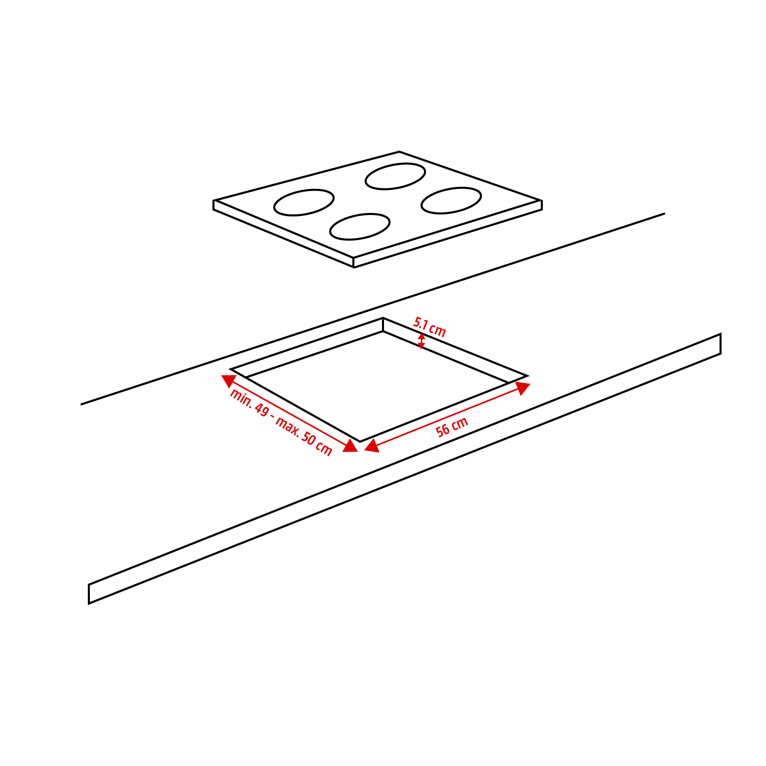 Diagram van een kookplaat met afmetingen. Witte achtergrond.